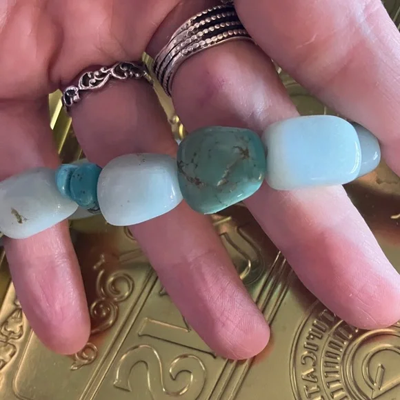 Natural Gemstone Larimar & Turquoise Nugget Stretch Bracelet - Picture 4 of 4